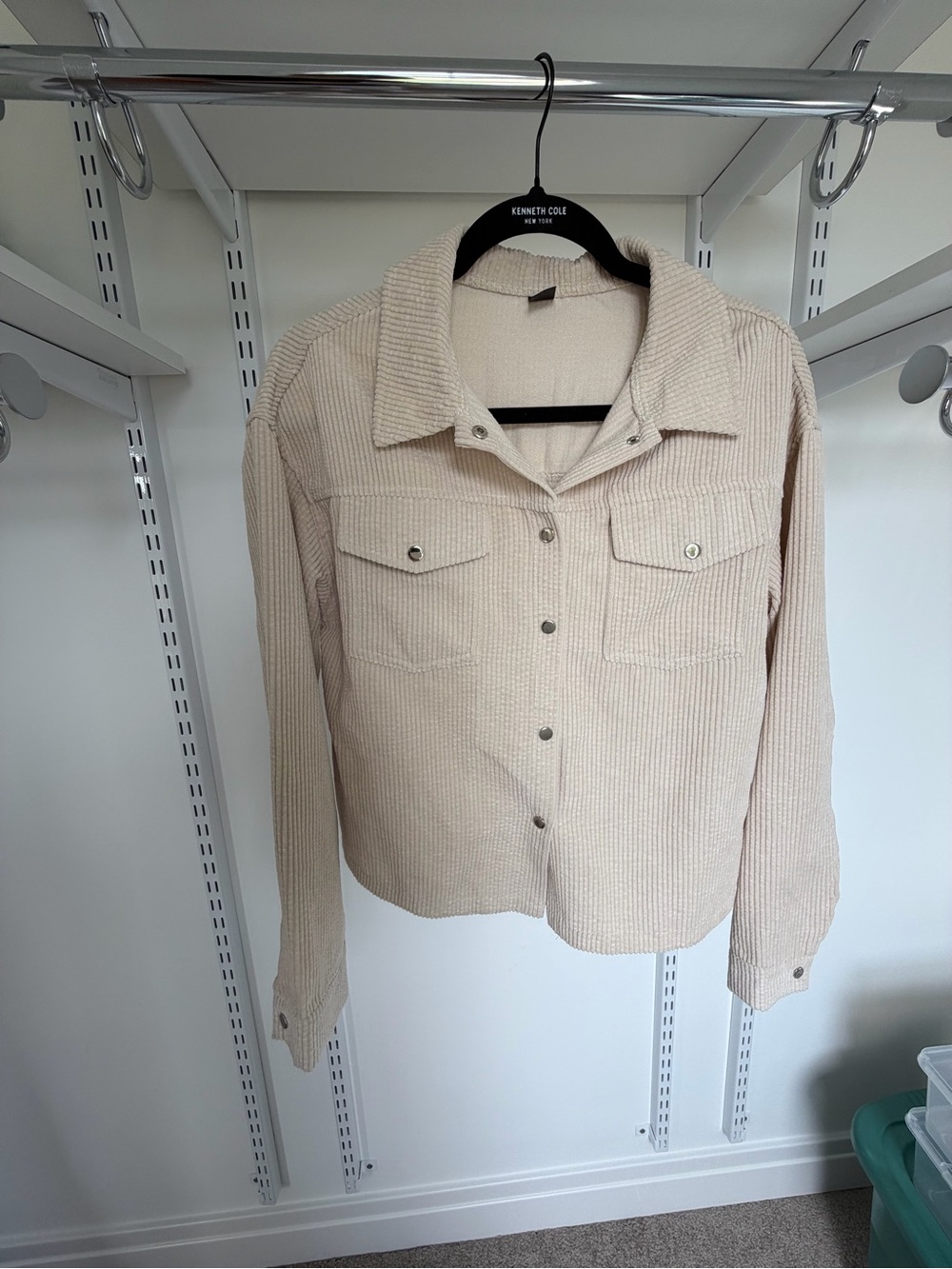 SHEIN Cream Ribbed Button-Up Jean Jacket
